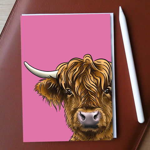 Highland Coo (pink) Greeting Card