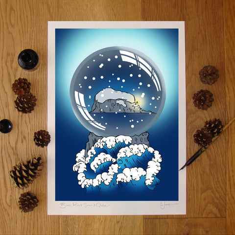 Bass Rock Snow Globe Illustration signed A3 print