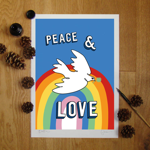 Peace & Love illustration signed A3 print