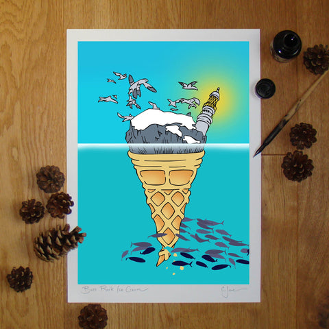 Bass Rock Ice Cream illustration signed A3 print - wholesale
