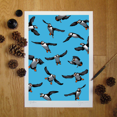 Puffins illustration signed A3 print