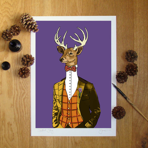 Scottish Stag (purple) illustration signed A3 print